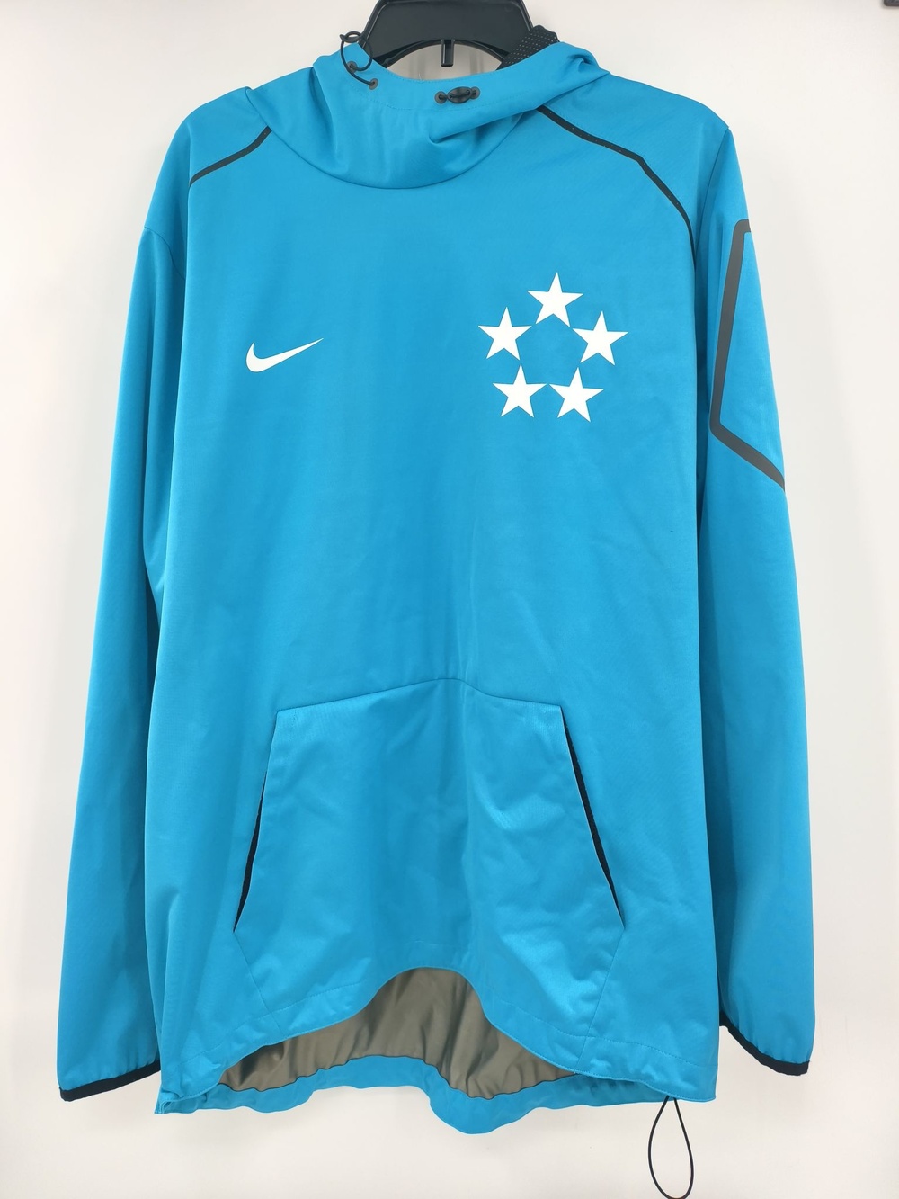 Nike Pullover Jacket Mens L Blue Hooded Windbreaker Stars Front Pocket Lined
